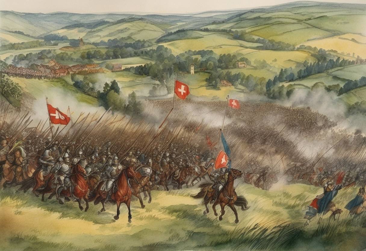 Watercolor painting based depiction of The Battle of Dornach took place, marking the last battle of the Swabian War, where the Swiss decisively defeated the Swabian League, leading to the conclusion of the war and the eventual recognition of Swiss independence by the Holy Roman Empire. (1499)