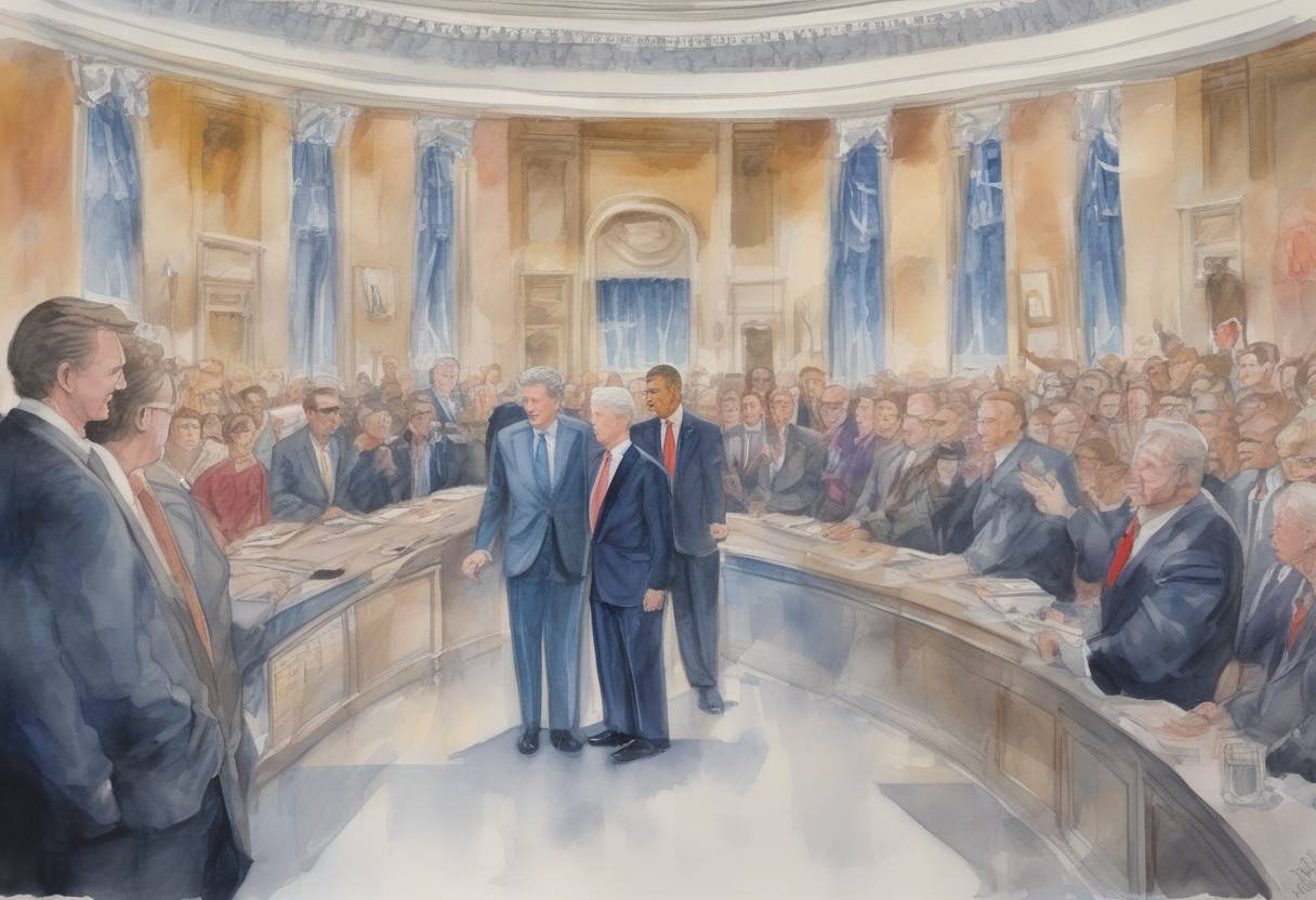 Watercolor painting based depiction of A budget standoff between President Bill Clinton and the Republican-controlled Congress results in a temporary government shutdown in the United States. (1995)