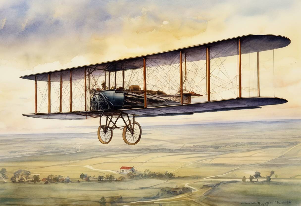 Watercolor painting based depiction of Wilbur Wright made the first flight longer than 24 miles, flying 24.2 miles in 39 minutes and 23 seconds near Dayton, Ohio, demonstrating the potential of powered flight. (1905)