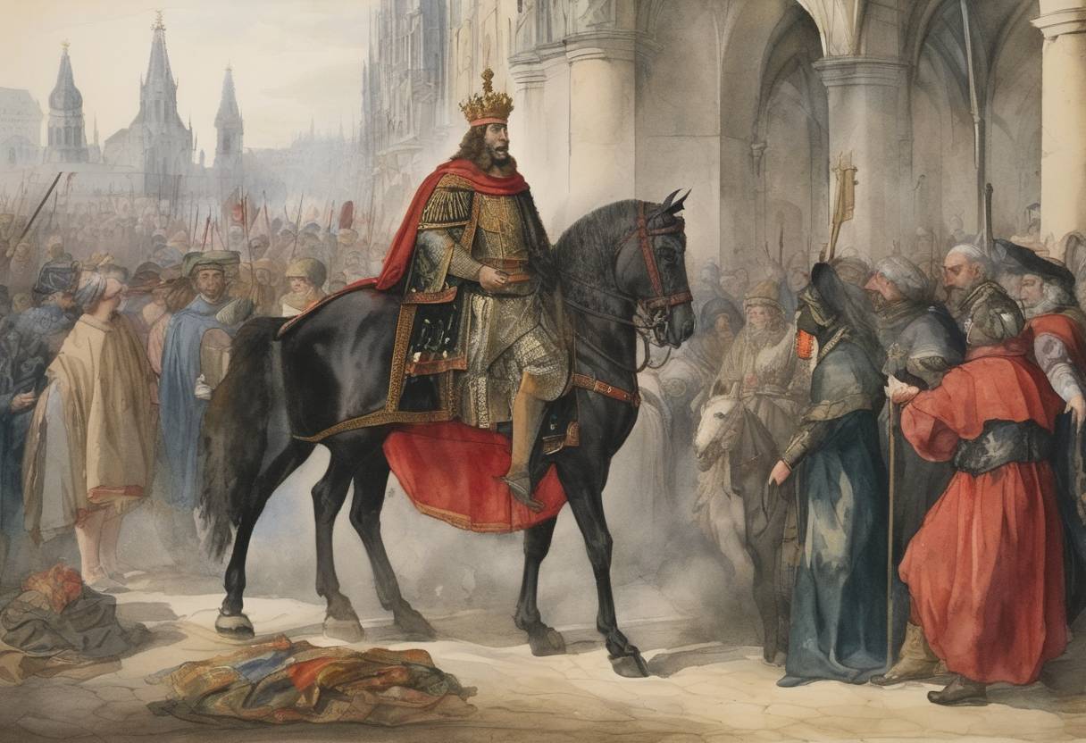 Watercolor painting based depiction of Matthias Corvinus, King of Hungary, captured Vienna, a significant event in the Austro-Hungarian history. (1485)