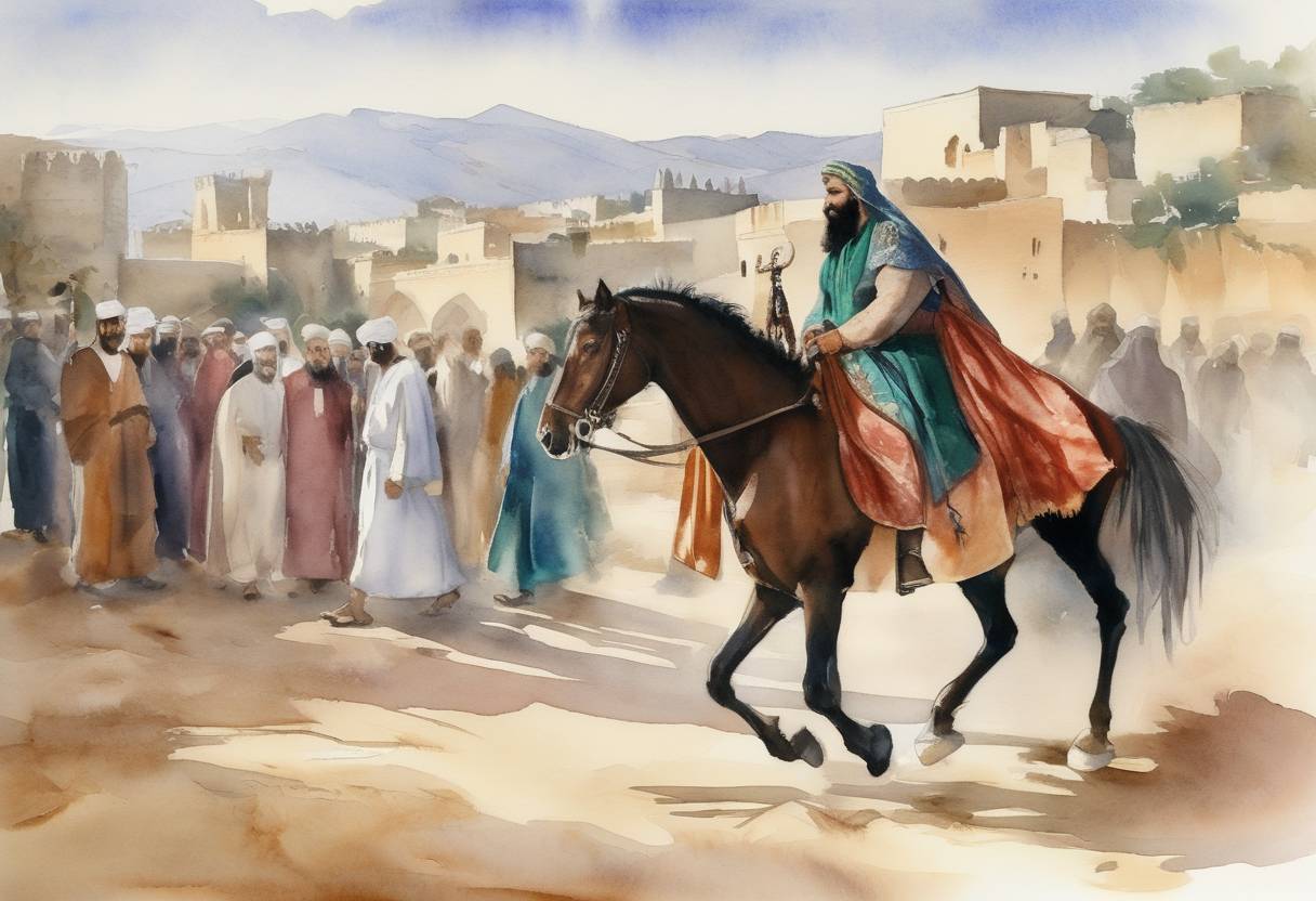 Watercolor painting based depiction of The death of Abu al-Fadl al-Andalusi Ibn Hazm, a prominent Andalusian Arab polymath, took place in Montijar, Spain. Ibn Hazm was influential in philosophy, theology, and literature, and is best known for his works in Islamic jurisprudence and as a poet. (1037)