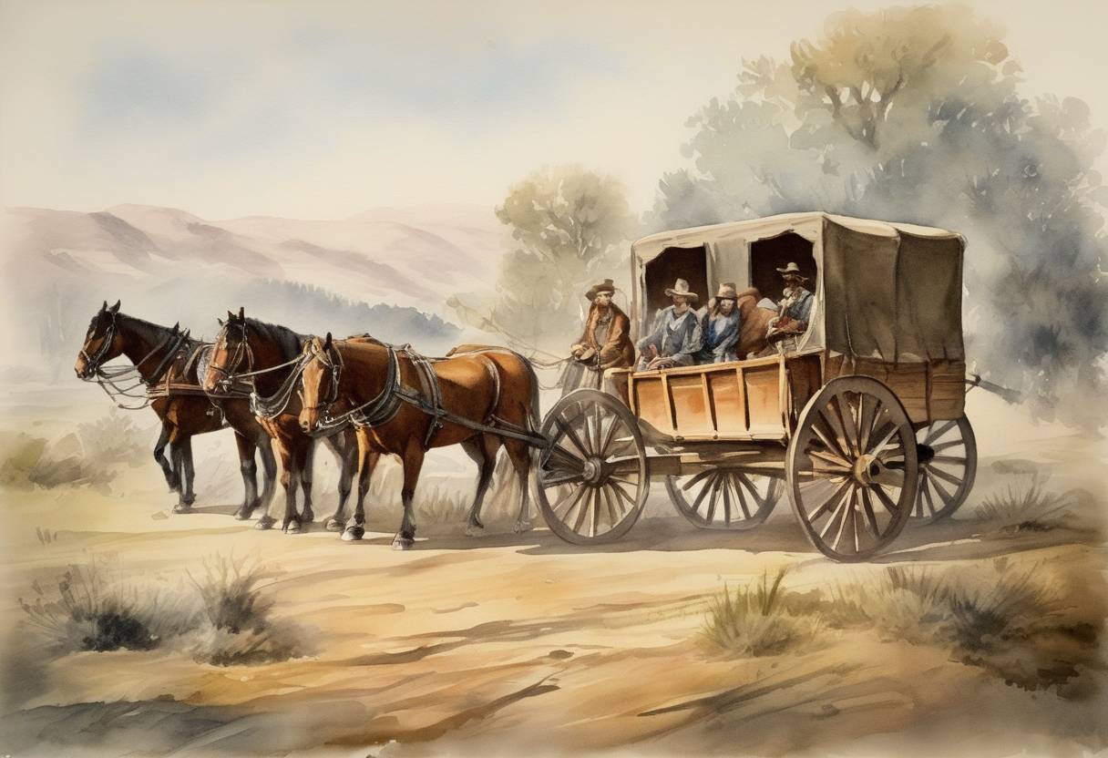Watercolor painting based depiction of The first wagon train arrived in California via the Emigrant Trail, marking a significant milestone in the westward expansion of the United States. (1841)