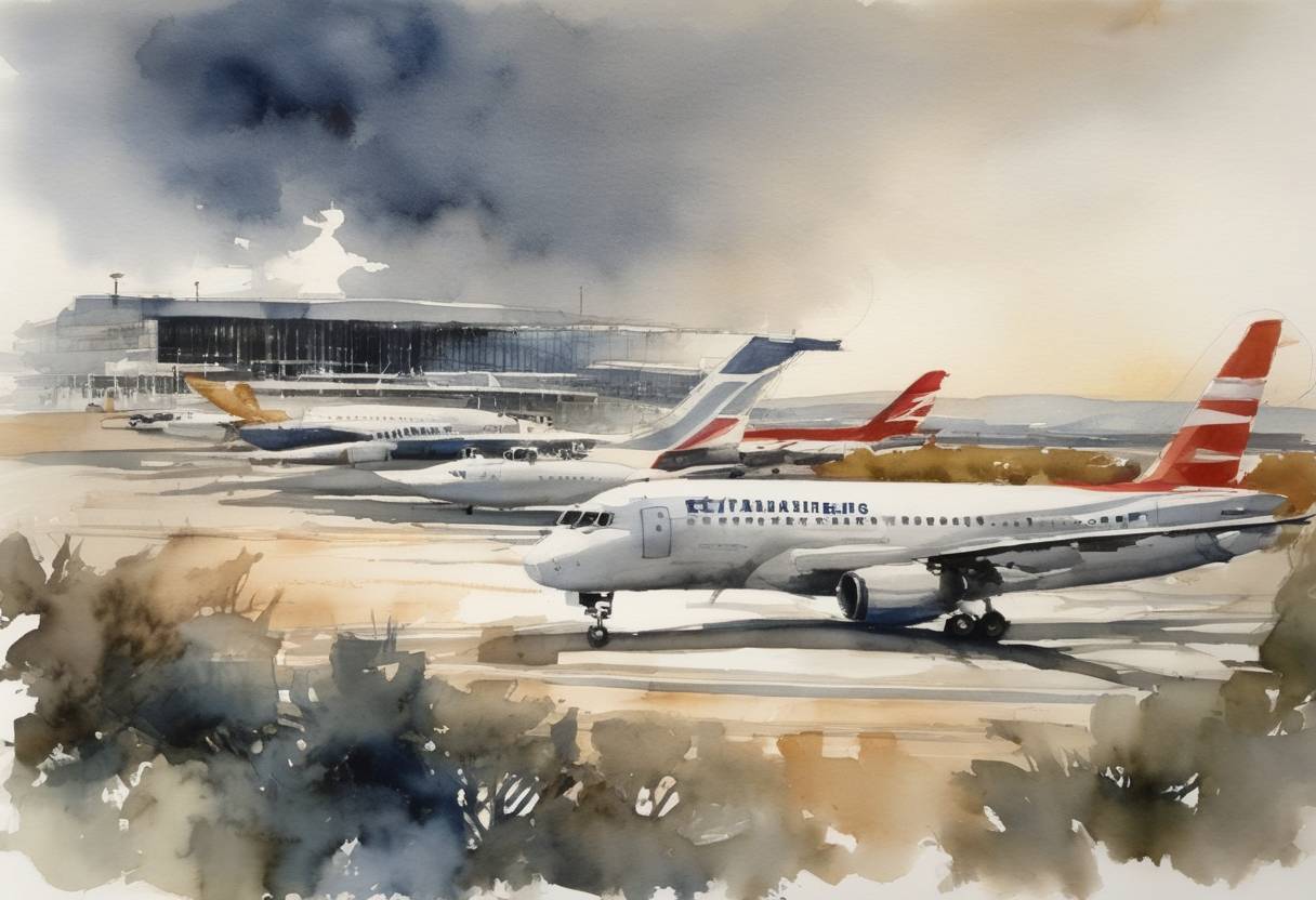 Watercolor painting based depiction of The Eleftherios Venizelos National Airport in Athens is temporarily closed and hostilities between France and Greece escalate. (1311)