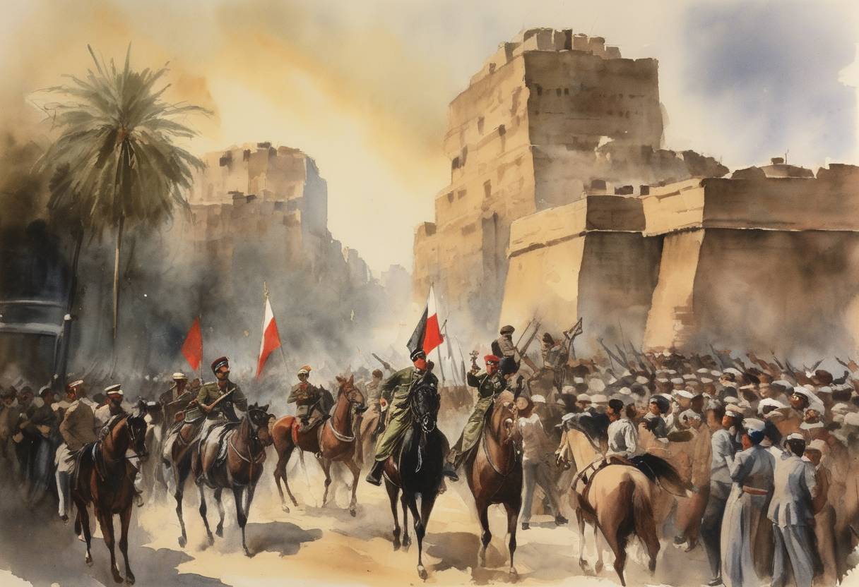 Watercolor painting based depiction of The Free Officers Movement headed by Mohammed Naguib and Gamal Abdel Nasser stages a military coup in Egypt, overthrowing King Farouk and marking the beginning of the Egyptian Revolution of 1952. (1952)