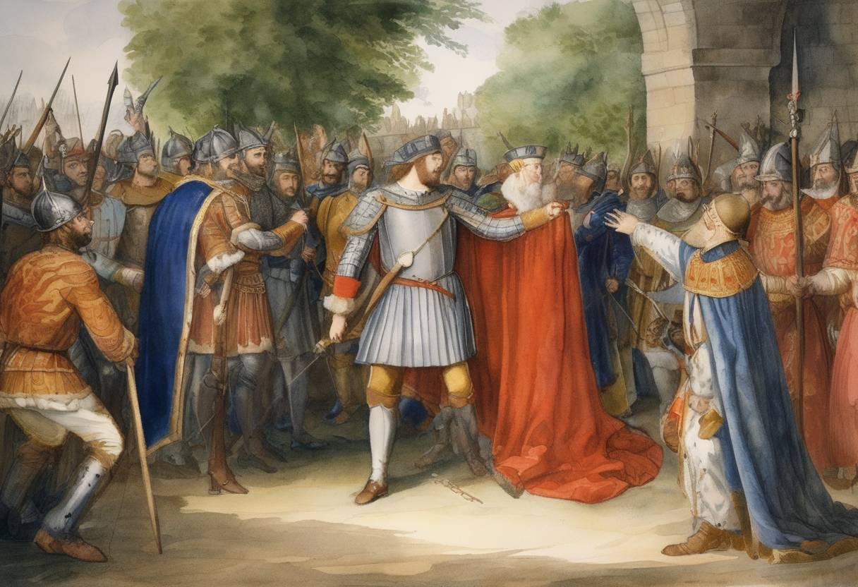 Watercolor painting based depiction of The dispute between King Edward III of England and King Philip VI of France escalates when Philip confiscates the Duchy of Aquitaine from Edward, a key event that helps catalyze the Hundred Years' War. (1337)