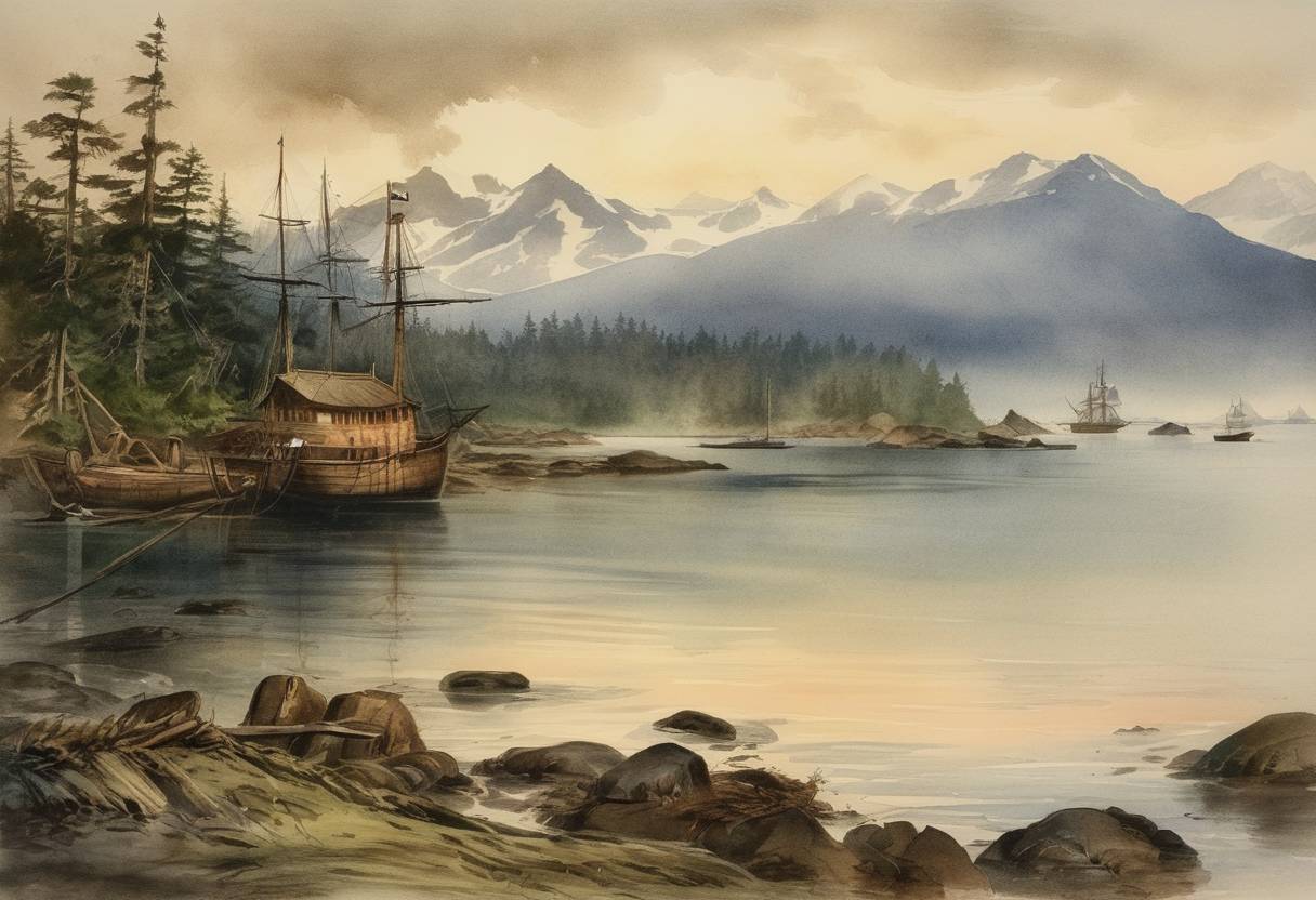 Watercolor painting based depiction of Alaska became a US territory following the Alaska Purchase from Russia in 1867. (1884)