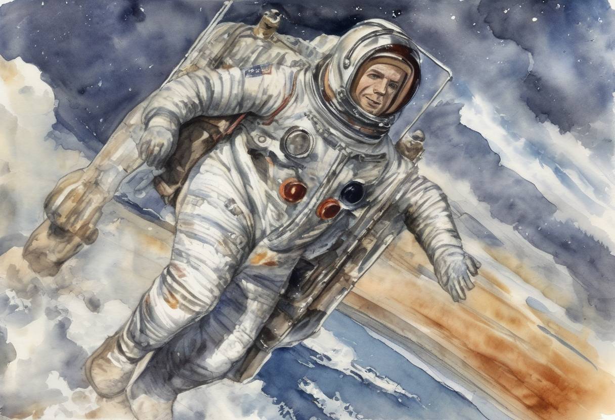 Watercolor painting based depiction of The last Project Mercury spaceflight, Mercury-Atlas 9, was launched, with astronaut Gordon Cooper aboard. (1963)