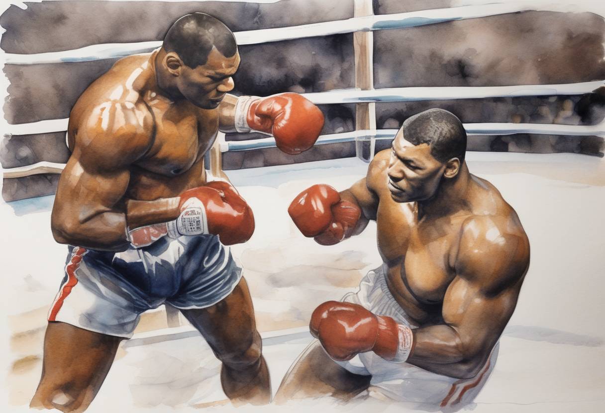 Watercolor painting based depiction of Mike Tyson knocked out Michael Spinks in 91 seconds in a heavyweight boxing championship match. (1988)
