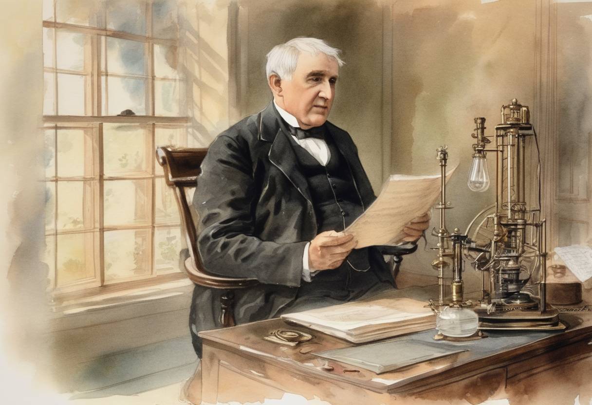 Watercolor painting based depiction of Thomas Edison received a patent for his two-way telegraph, further advancing communication technology during the late 19th century. (1892)