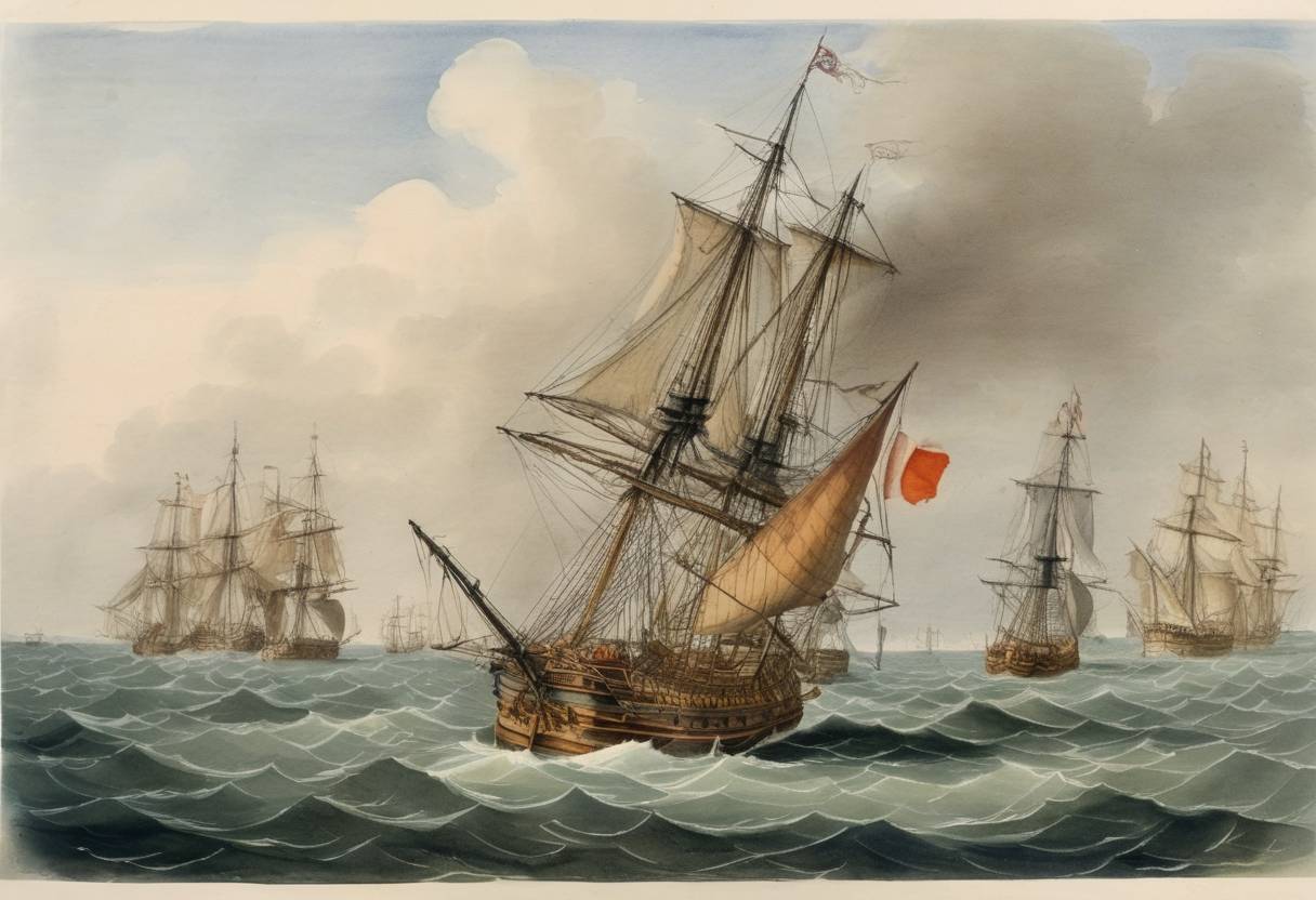Watercolor painting based depiction of The French navy captures 300 British merchant and transport ships while on a convoy from Nova Scotia to South Carolina. (1755)