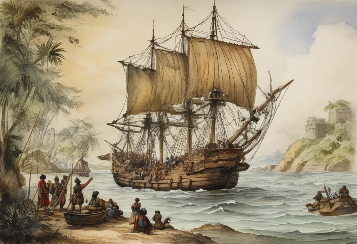 Watercolor painting based depiction of Vasco da Gama's expedition reaches the island of Mozambique, starting interactions between European explorers and East African regions. (1498)