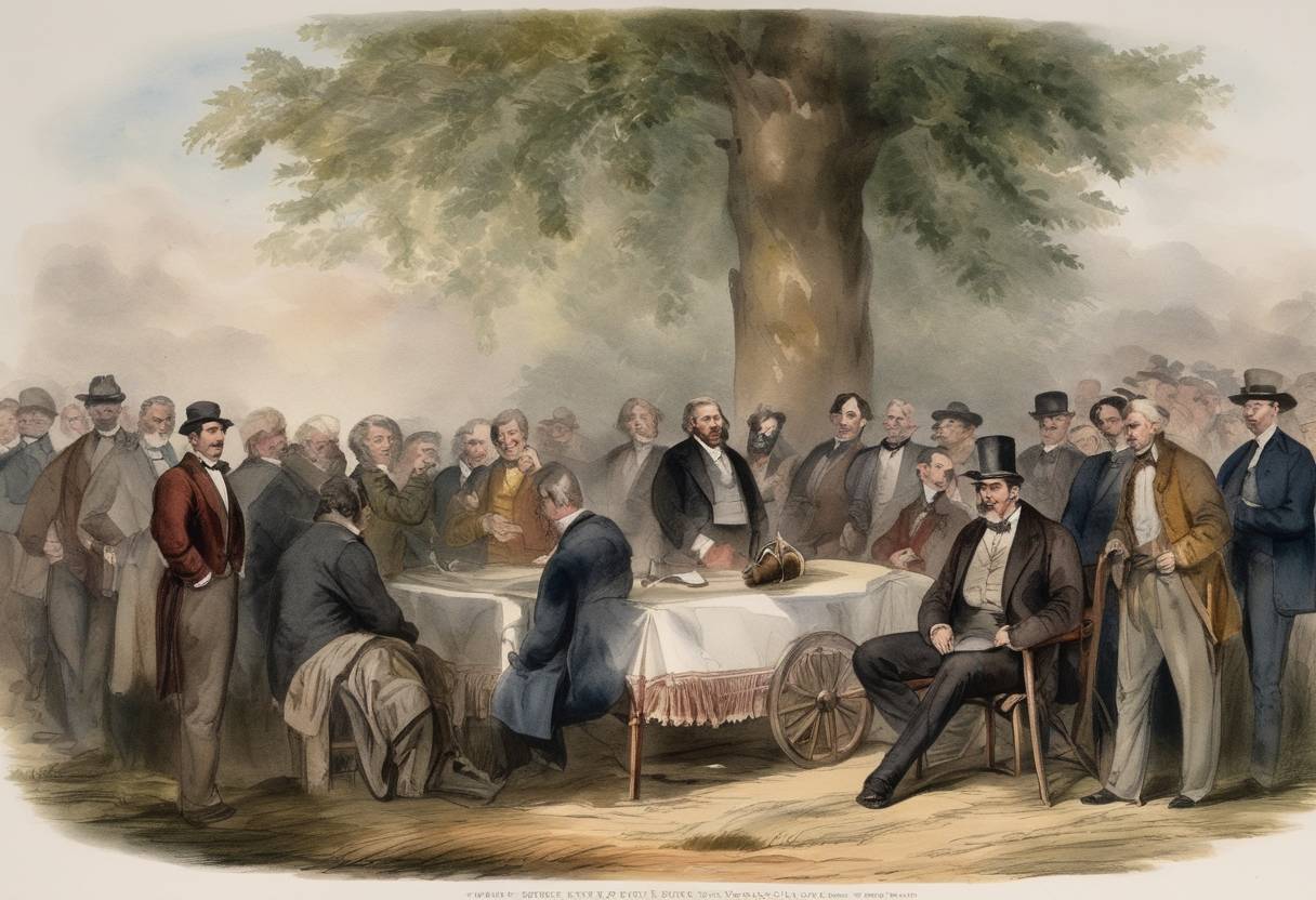 Watercolor painting based depiction of The Republican Party of the United States was founded as a new political entity, primarily in response to the Kansas-Nebraska Act, which threatened the spread of slavery into new territories. (1854)