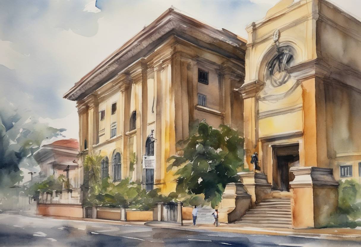 Watercolor painting based depiction of El Salvador's Legislative Assembly extends the state of emergency by 30 days amidst a crackdown on gangs following a surge in violence. (2022)