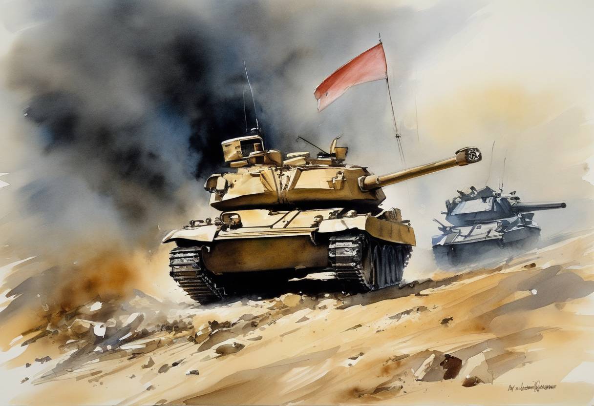 Watercolor painting based depiction of A United Nations ceasefire resolution (Resolution 338) was accepted, ending the hostilities in the Yom Kippur War between Israel and a coalition of Arab states led by Egypt and Syria. (1973)