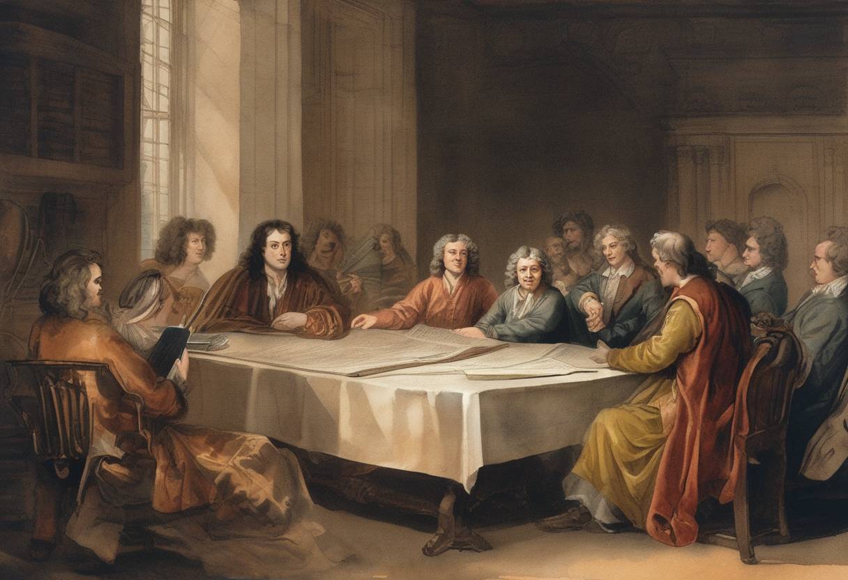 Watercolor painting based depiction of The first performance of Isaac Newton's Principia Mathematica is made at a meeting of the Royal Society. (1687)