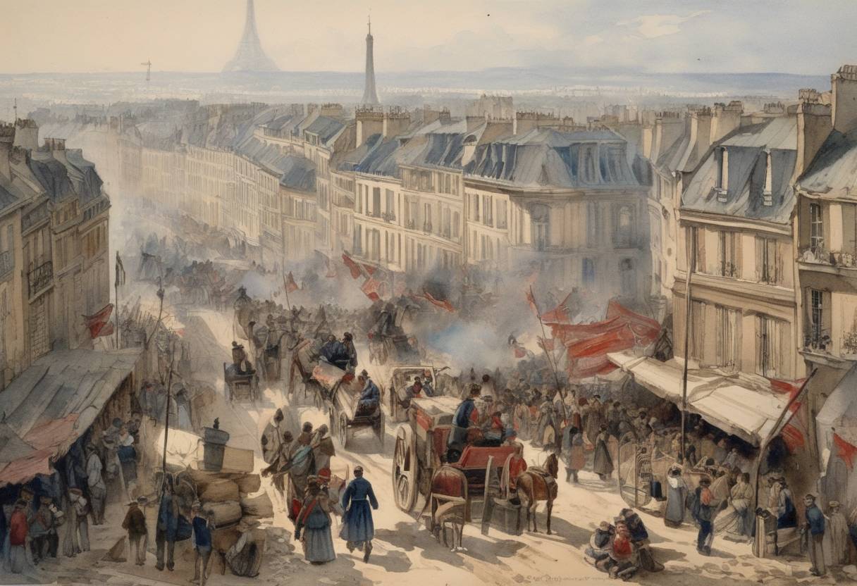 Watercolor painting based depiction of The Paris Commune was formally established after a municipal council was elected by the people of Paris. This was an early and influential form of government, where the workers of Paris assumed power and ran the city until its suppression in May 1871. (1871)