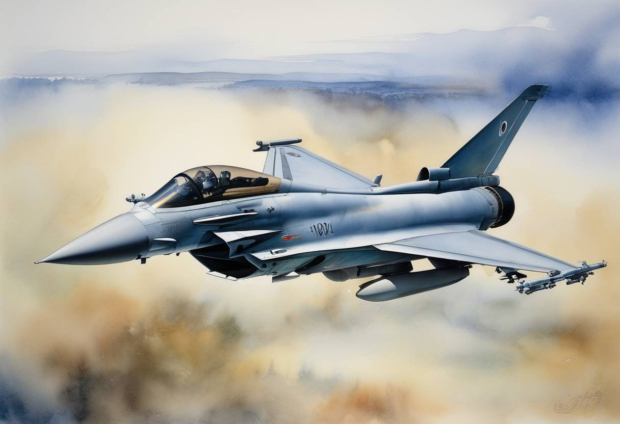 Watercolor painting based depiction of The Eurofighter Typhoon jet first flew, representing a significant advancement in European aerospace technology. (1994)