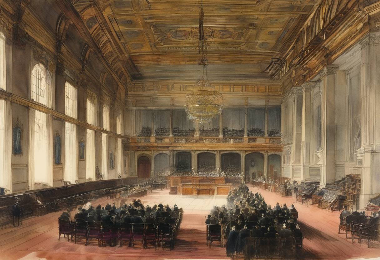 Watercolor painting based depiction of Norway's parliament, the Storting, dissolved the union with Sweden. (1905)