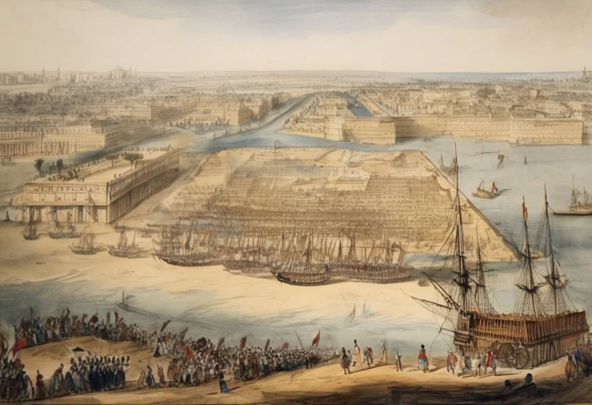 Watercolor painting based depiction of Napoleon Bonaparte's Egyptian campaign began with the capture of Alexandria after the French expeditionary forces landed in the country. (1798)