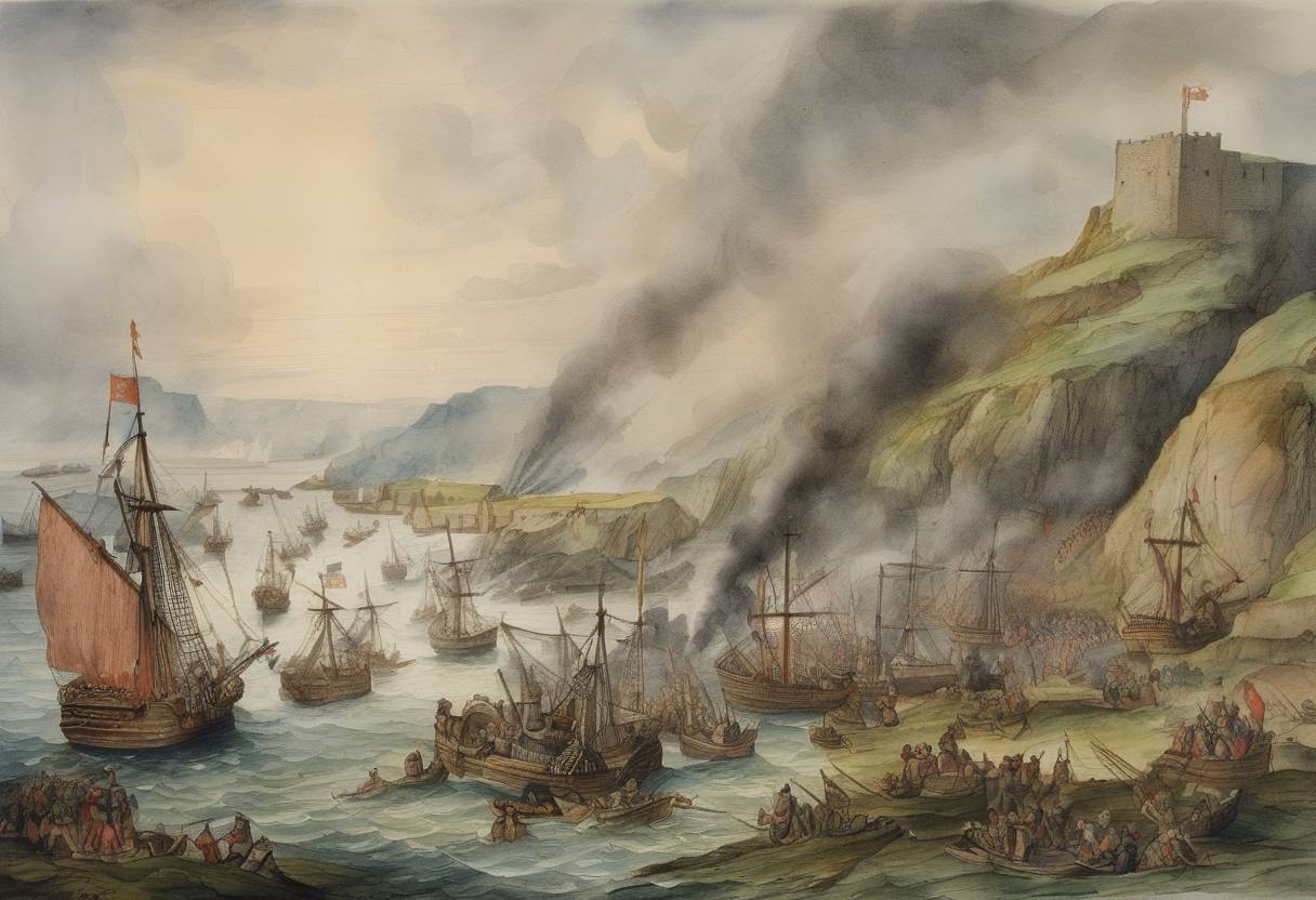 Watercolor painting based depiction of The Raid of Rathlin Island occurs during the Irish Confederate Wars, where English troops under Sir John Norris attacked and massacred Scottish clansmen of the MacDonnell family. (1575)