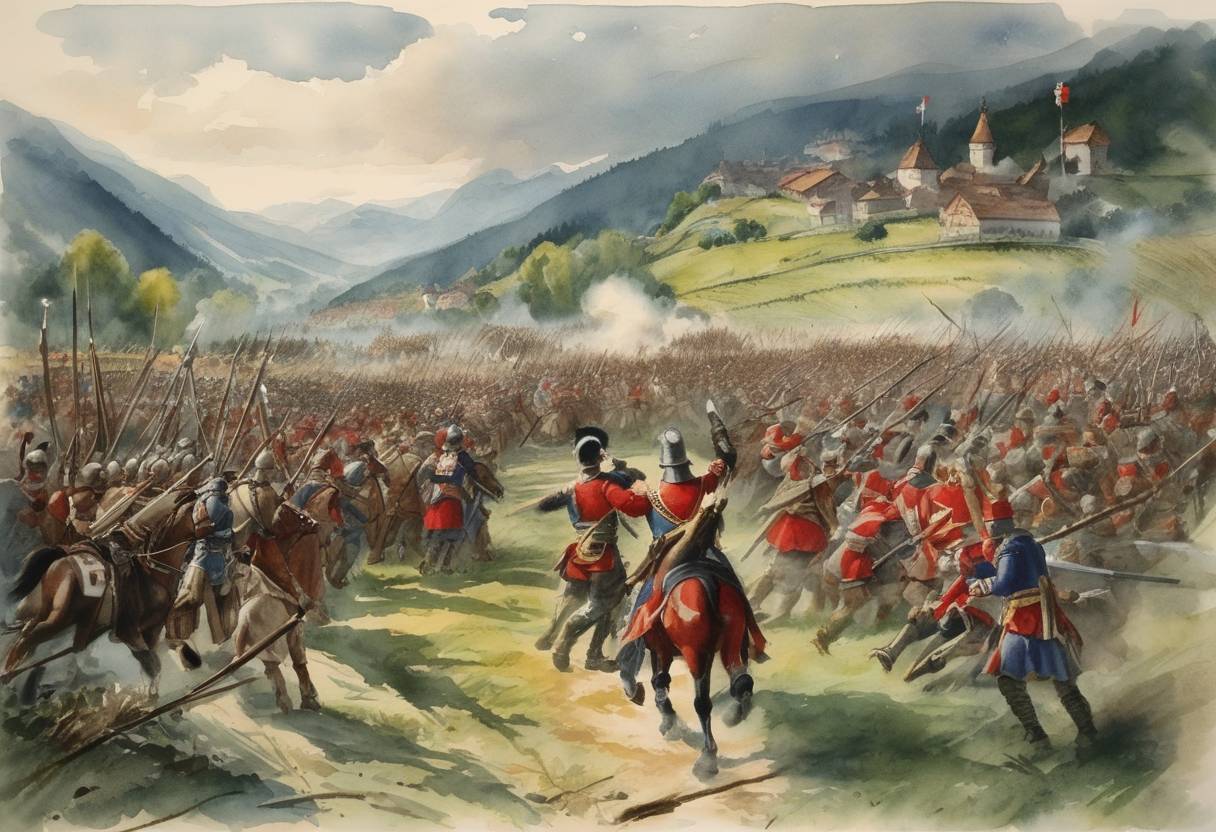 Watercolor painting based depiction of The Battle of Morgarten occurred, where the Swiss Confederation scored a decisive victory over the Austrian forces of the Habsburgs. This battle is often seen as the birth of the Swiss nation, strengthening Swiss unity and independence. (1315)