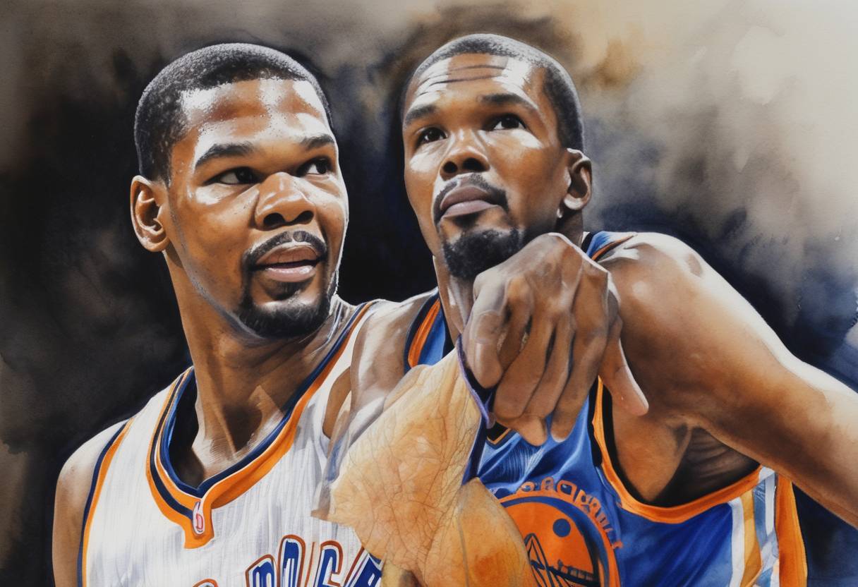 Watercolor painting based depiction of The Oklahoma City Thunder's star player Kevin Durant won the NBA scoring title for the 2012–2013 season, after averaging 28.1 points per game. (2013)