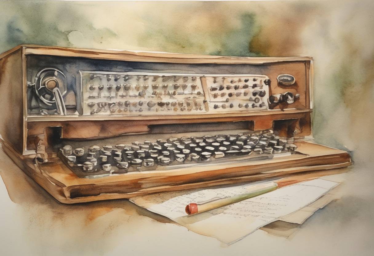Watercolor painting based depiction of Alan Turing submitted his groundbreaking paper 'On Computable Numbers, with an Application to the Entscheidungsproblem,' which laid the foundation for computer science with the concept of the Turing machine. (1936)