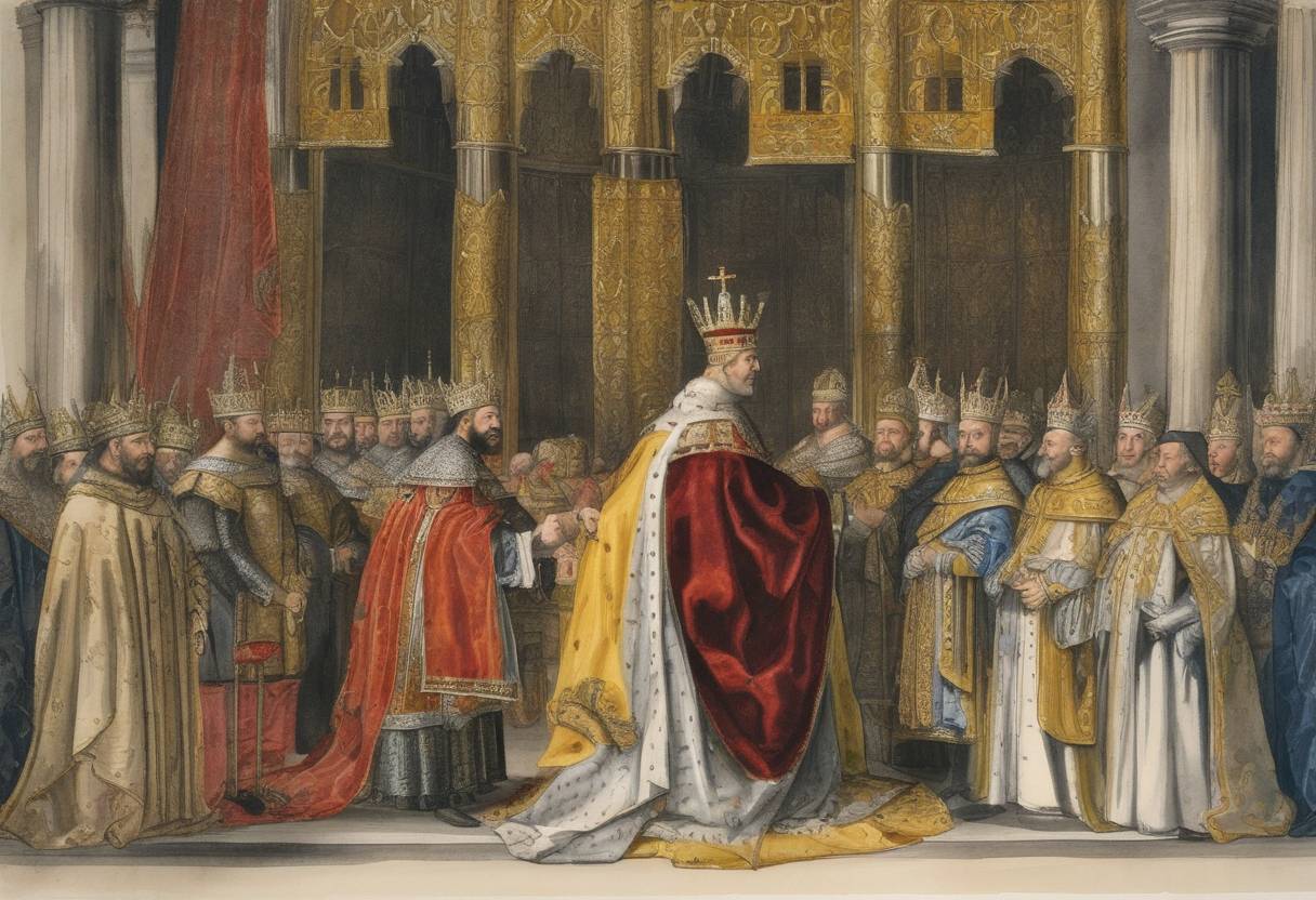 Watercolor painting based depiction of Charles V is crowned Holy Roman Emperor by Pope Clement VII in Aachen. (1520)