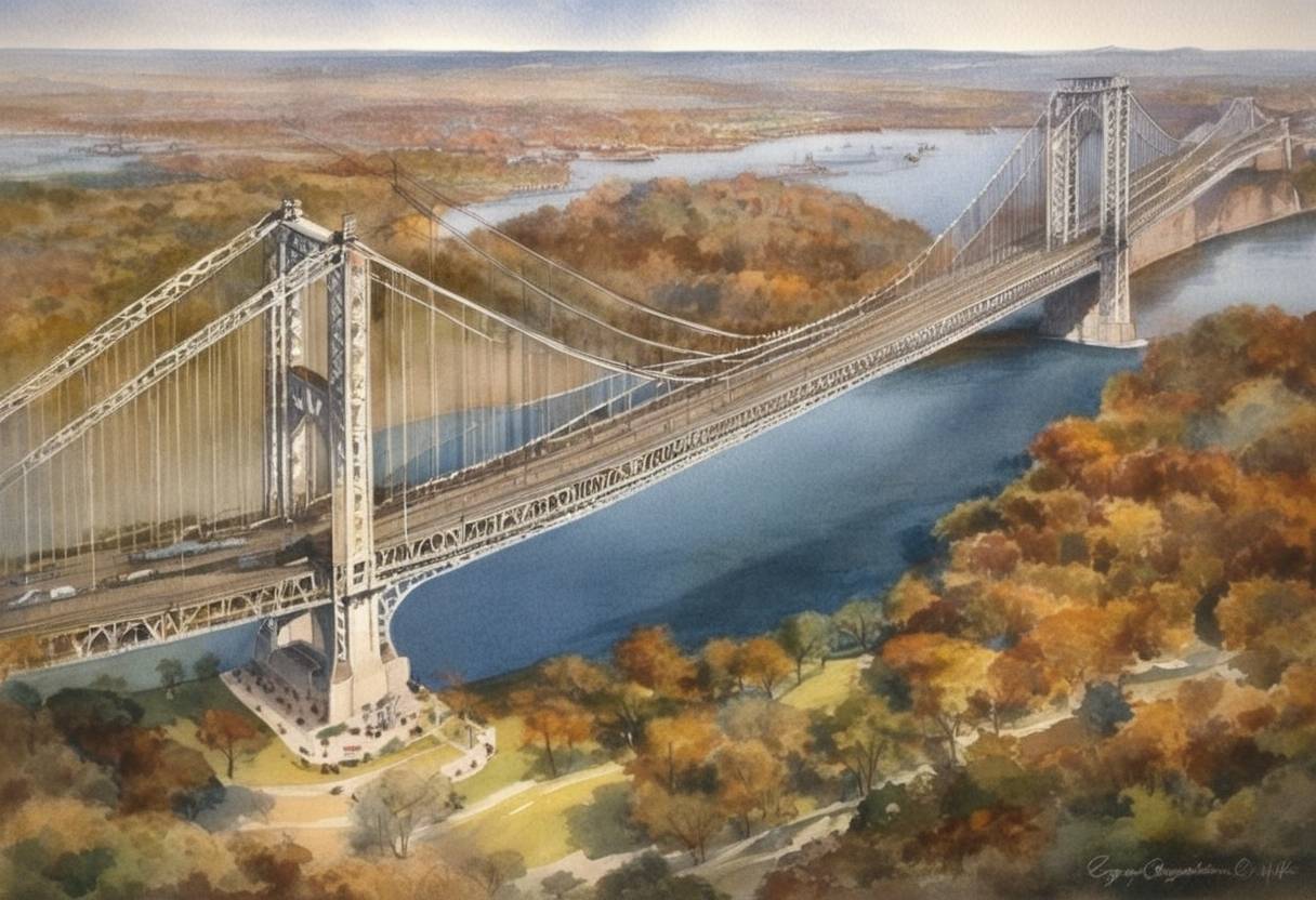 Watercolor painting based depiction of George Washington Bridge was opened to the public, connecting New York City with Fort Lee, New Jersey, across the Hudson River. (1931)