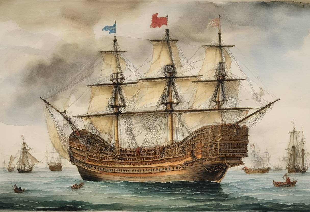 Watercolor painting based depiction of The English ship 'Bonaventure' transported the Scottish King James VI to Denmark for his marriage to Anne of Denmark. Their union was politically significant as it improved relationships between Scotland and Denmark, setting the stage for a future peaceful and diplomatic alliance. (1589)