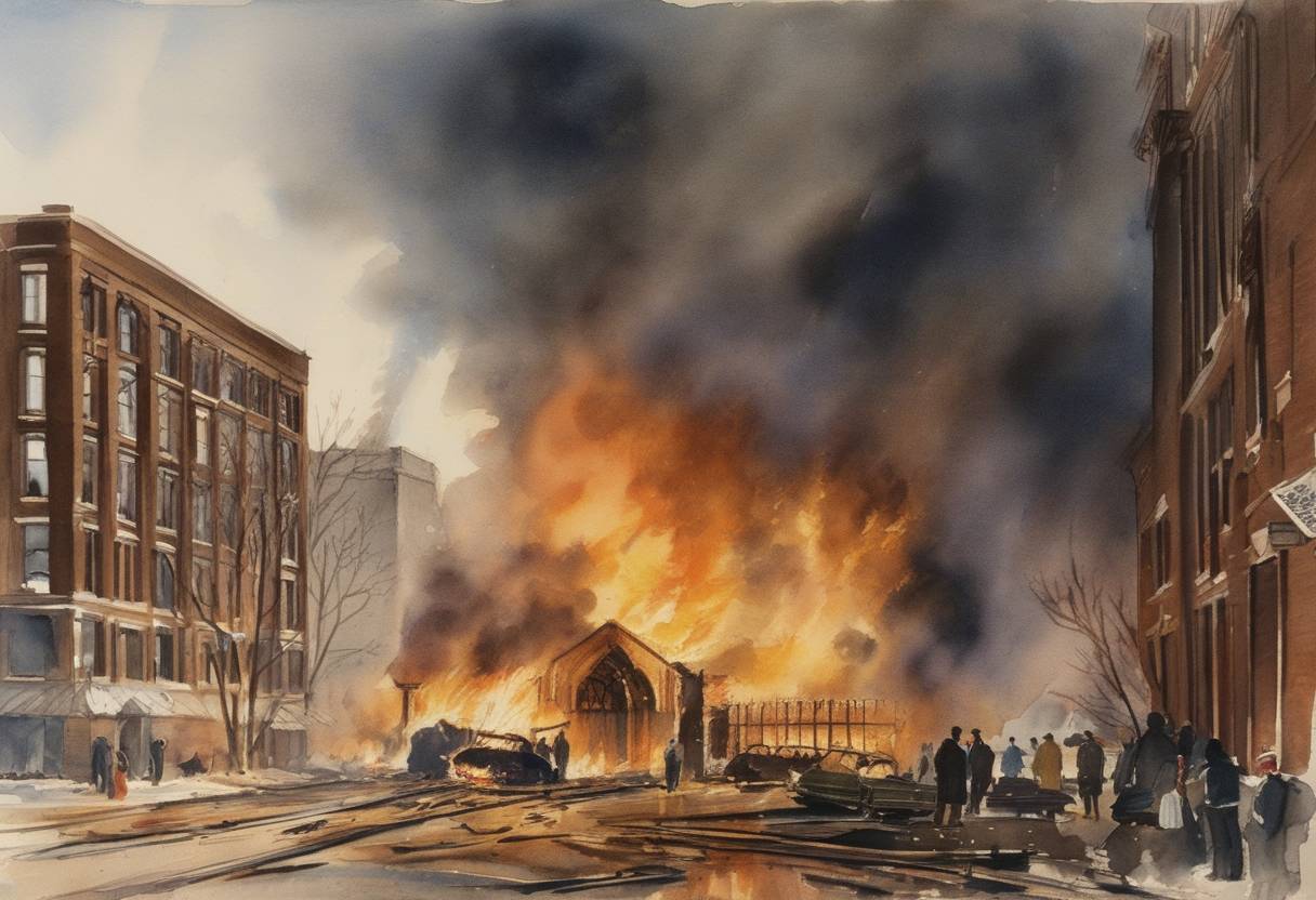 Watercolor painting based depiction of A fire at the Our Lady of the Angels School in Chicago causes significant damage, although the event on this day is primarily the beginning of efforts that would lead to implementation of new fire safety codes. (1958)