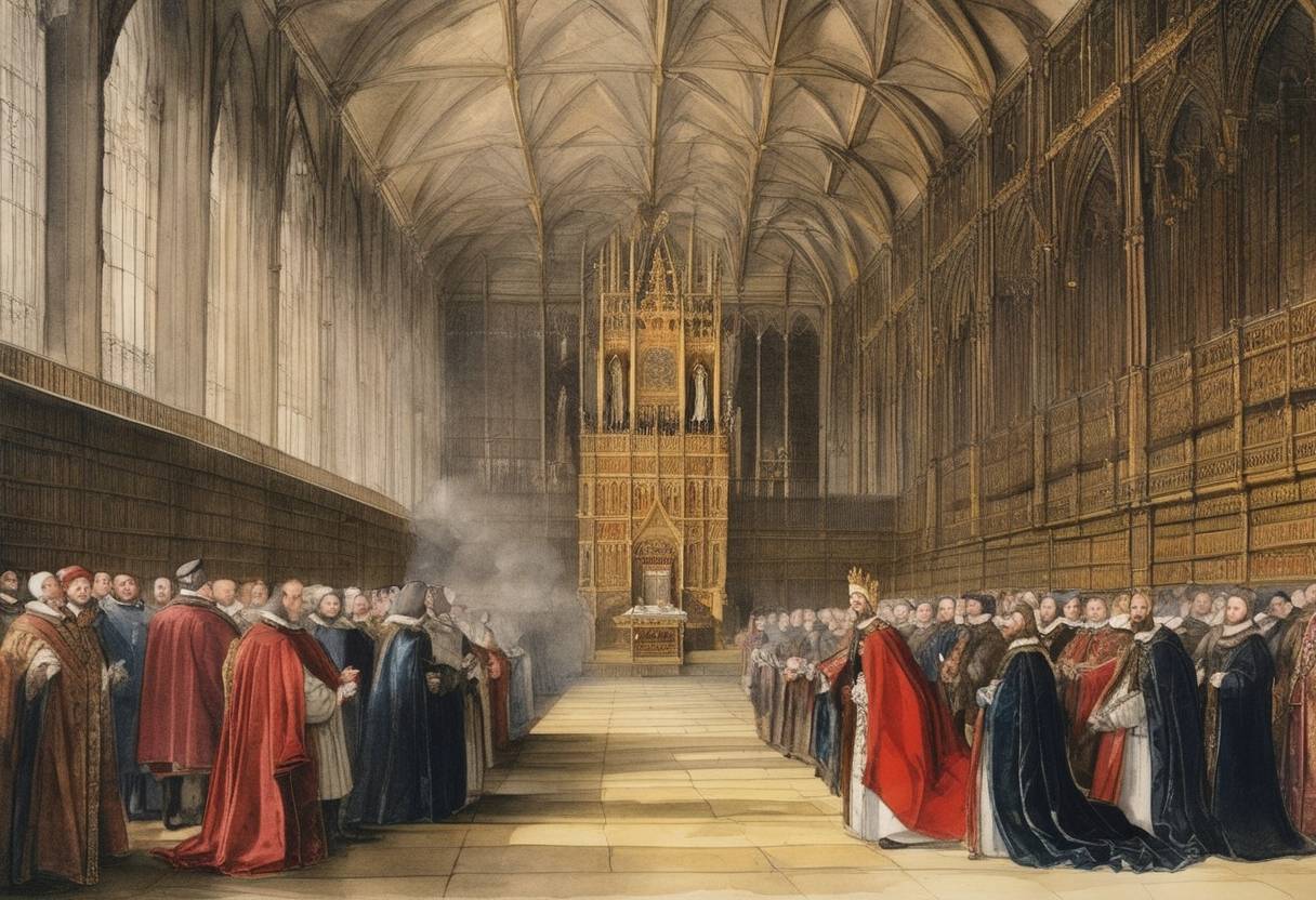 Watercolor painting based depiction of English Parliament passed the First Act of Supremacy, making Henry VIII the Supreme Head of the Church of England. (1534)