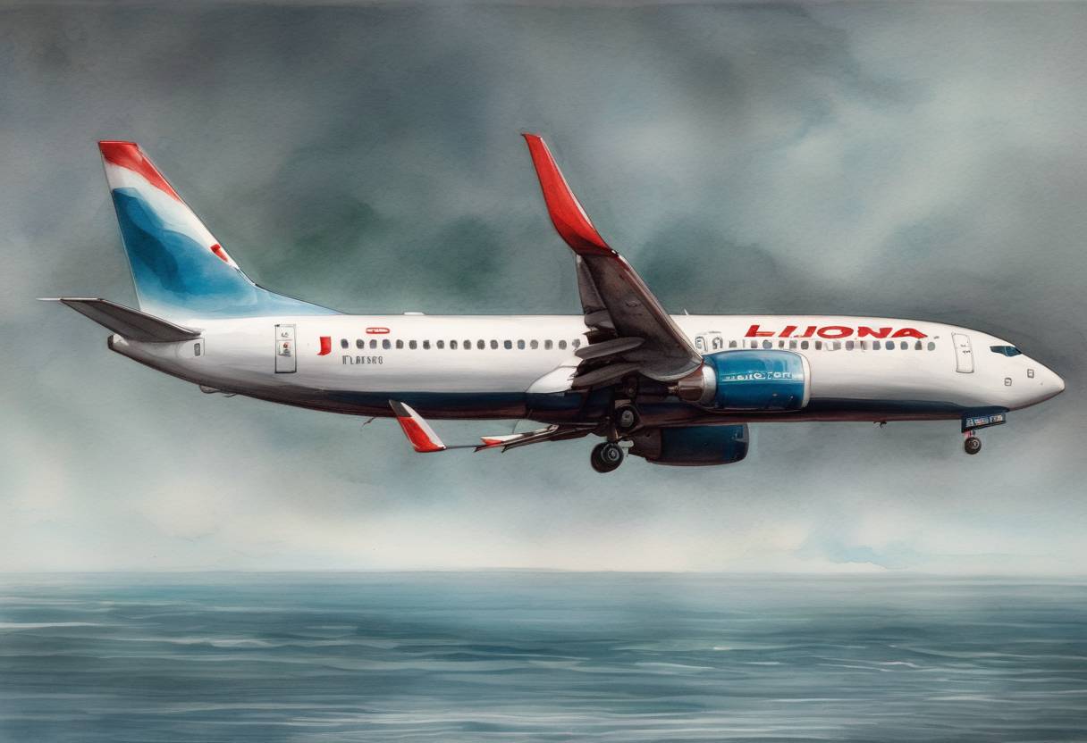 Watercolor painting based depiction of Lion Air Flight 610, a Boeing 737 MAX, crashed into the Java Sea shortly after takeoff from Jakarta, Indonesia, killing all 189 passengers and crew on board. This tragic incident raised worldwide attention about the safety of the Boeing 737 MAX aircraft. (2018)