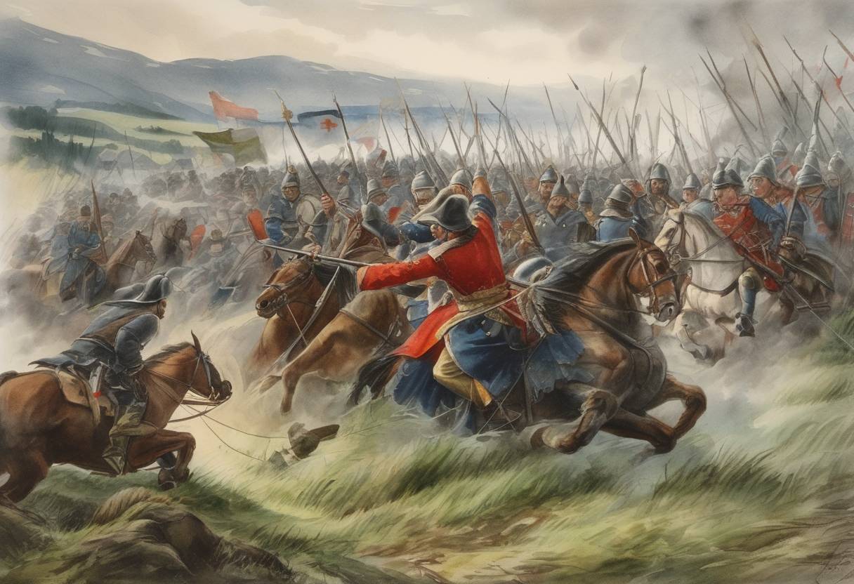 Watercolor painting based depiction of The Battle of Kalvskinnet took place as part of the civil war era in Norway, where Sverre Sigurdsson, a contender for the Norwegian throne, achieved victory over King Magnus V. (1179)