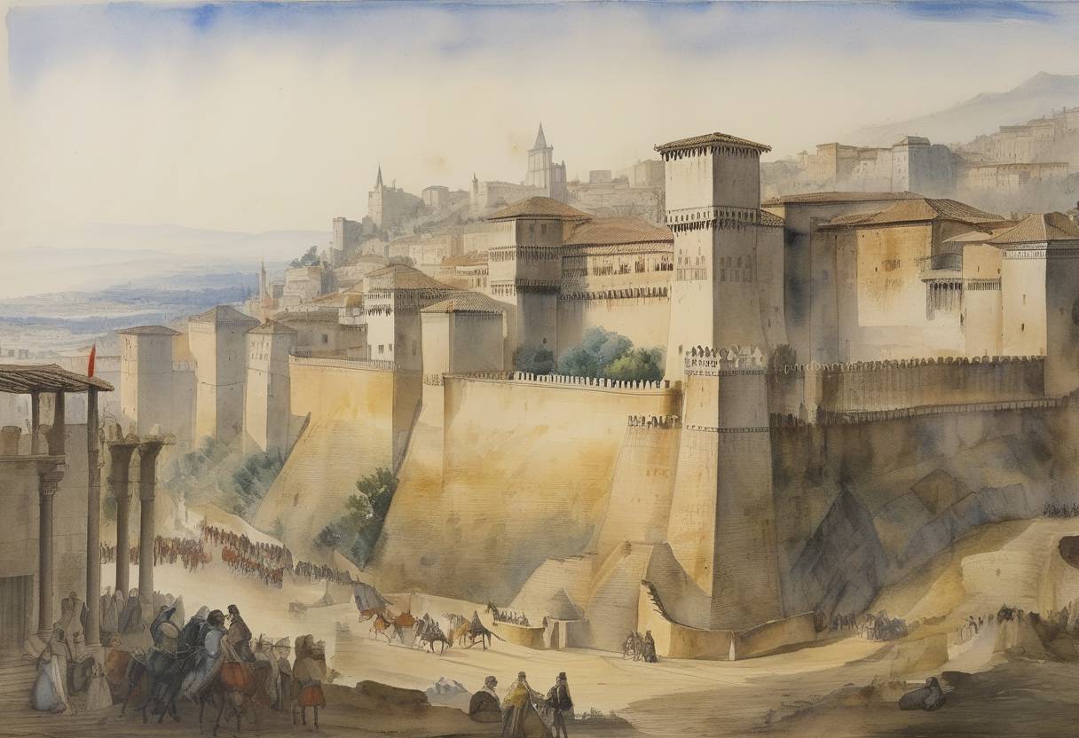 Watercolor painting based depiction of The Treaty of Granada was signed between Louis XII of France and Ferdinand II of Aragon, outlining the partition of the Kingdom of Naples. (1500)