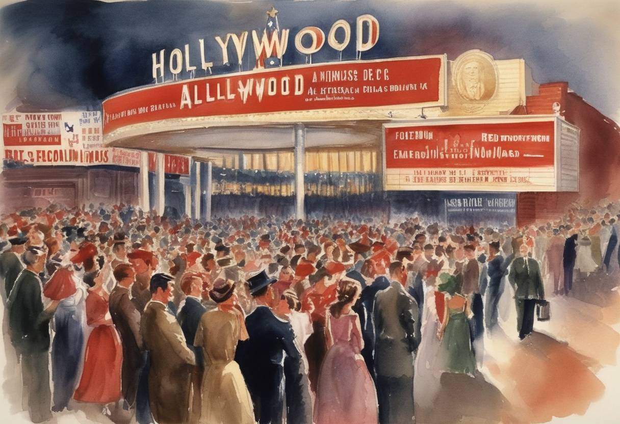 Watercolor painting based depiction of The 'Red Scare' in Hollywood intensified with the listing of the Hollywood Ten, a group of film industry individuals charged with contempt of Congress for refusing to answer questions about alleged Communist affiliations. (1947)