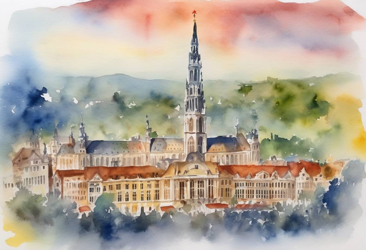 Watercolor painting based depiction of The NATO summit takes place in Brussels, attended by leaders from NATO member countries. (2017)