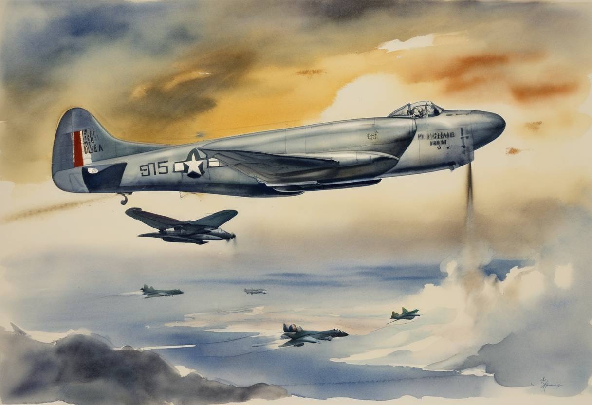 Watercolor painting based depiction of President Harry S. Truman ordered the United States Air Force and Navy to participate in the Korean War following the North Korean invasion of South Korea. (1950)