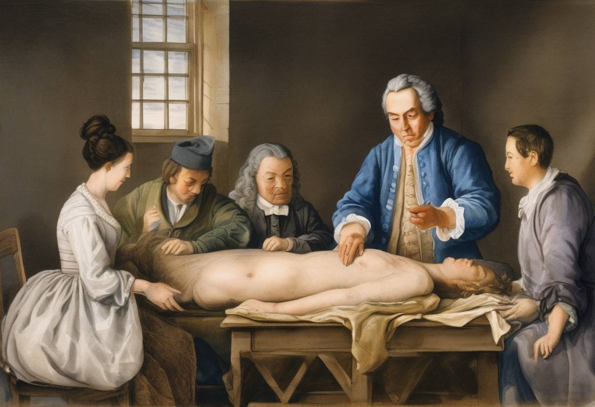 Watercolor painting based depiction of Dr. Zabdiel Boylston gave the first smallpox inoculations in Boston, Massachusetts during a smallpox epidemic. His actions, although controversial at the time, were a significant step towards the understanding and development of vaccines. (1721)