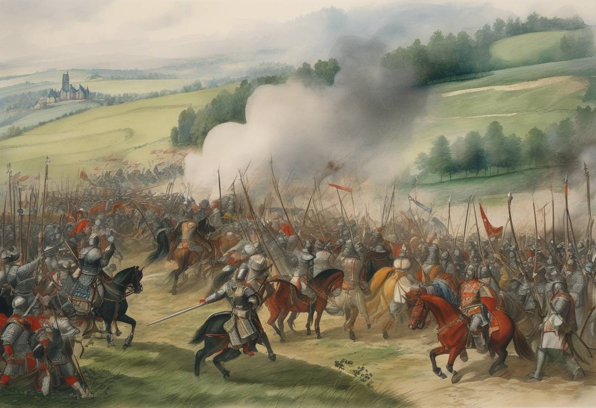 Watercolor painting based depiction of The Battle of Baesweiler, a conflict between forces led by Wenceslaus I, Duke of Luxembourg, and William II, Duke of Jülich, commences near Baesweiler, present-day Germany. (1371)