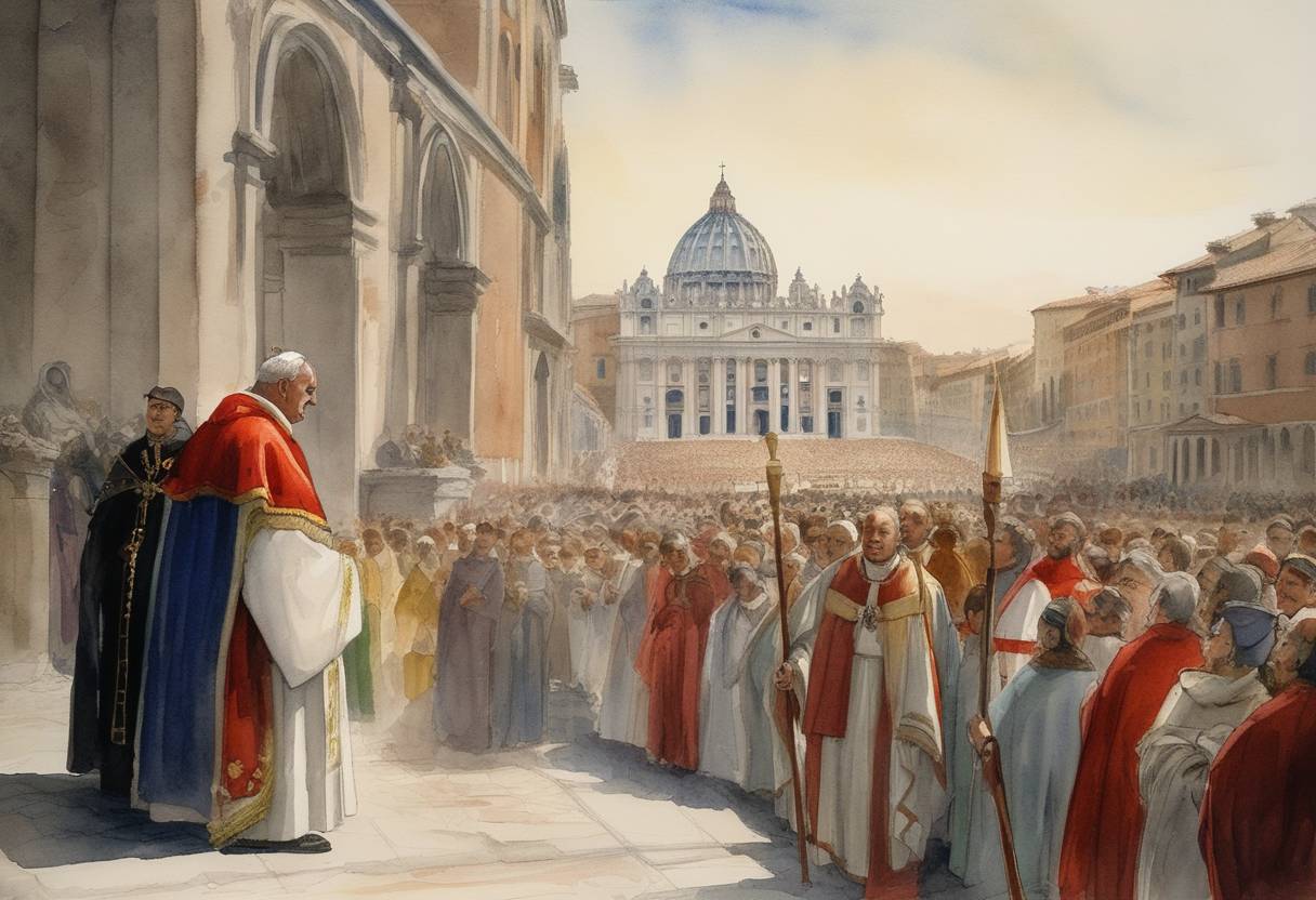 Watercolor painting based depiction of The Pope Innocent V was elected, becoming the 185th pope of the Roman Catholic Church. His pontificate was quite short, lasting only five months. (1276)