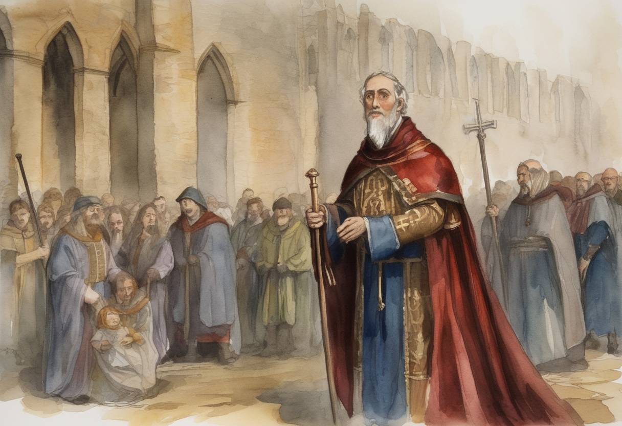 Watercolor painting based depiction of Ælfheah (also known as Alphege), the Archbishop of Canterbury, was martyred by Vikings. He was taken prisoner and held for ransom, but he refused to allow a ransom to be paid for his release. Consequently, the Vikings killed him in Greenwich. (1012)