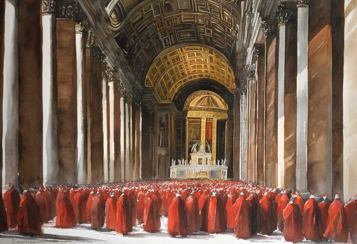 Watercolor painting based depiction of Cardinals begin gathering in Vatican City in anticipation of the papal conclave, following the death of Pope John Paul II on April 2, 2005. (2005)