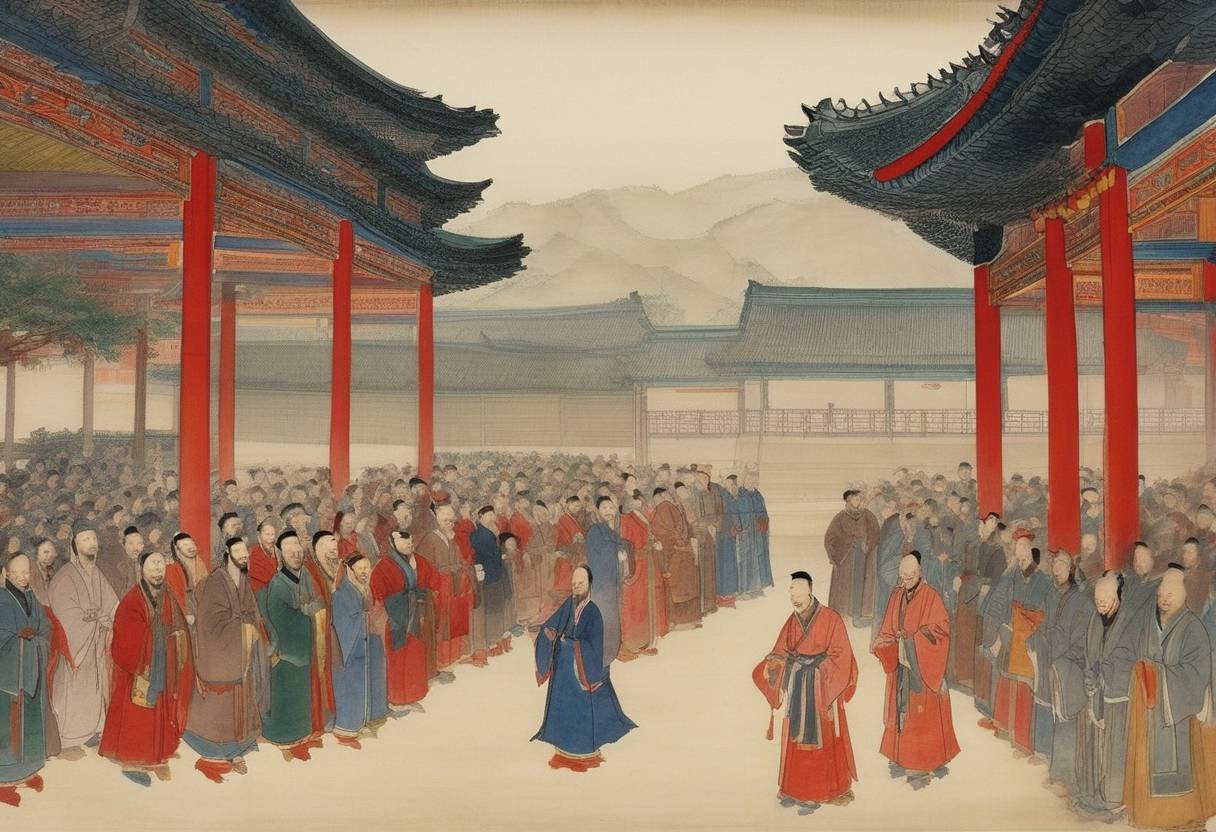 Watercolor painting based depiction of In China, Zhu Yuanzhang ascends the throne of the Ming Dynasty as the Hongwu Emperor. (1368)