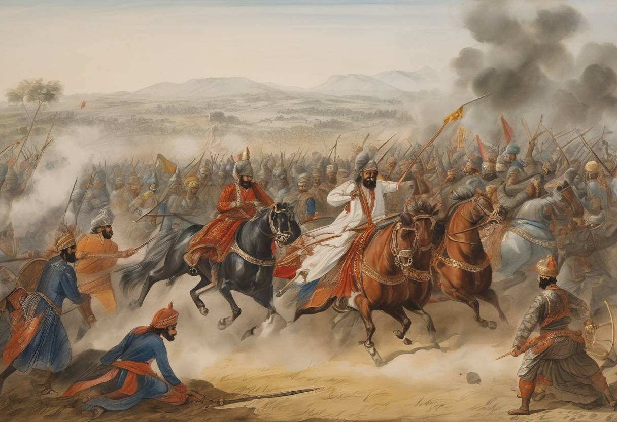 Watercolor painting based depiction of Afghan leader Ahmad Shah Durrani defeats the Marathas in the Third Battle of Panipat. (1760)