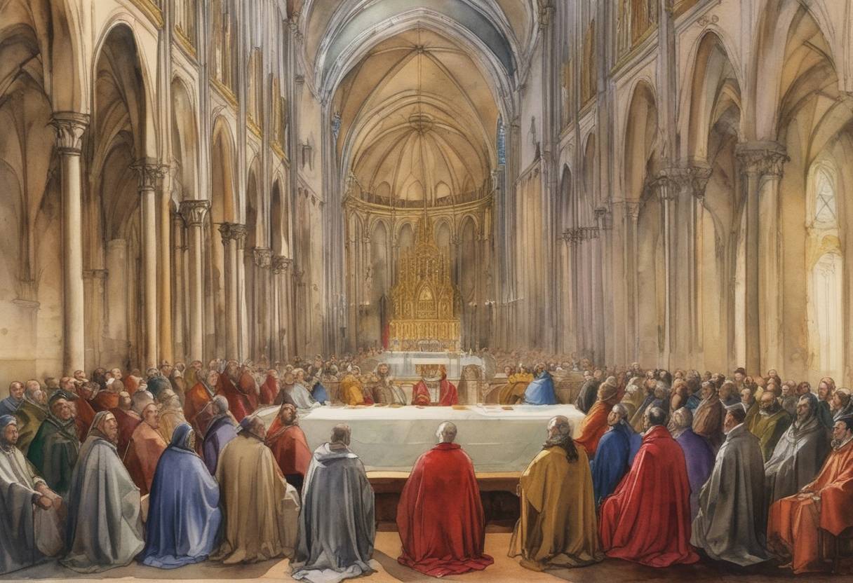 Watercolor painting based depiction of The Second Council of Lyon, the 14th ecumenical council of the Catholic Church, was convened by Pope Gregory X at the Cathedral of St. John in Lyon, France. It aimed to address church reform and the East-West Schism. (1274)