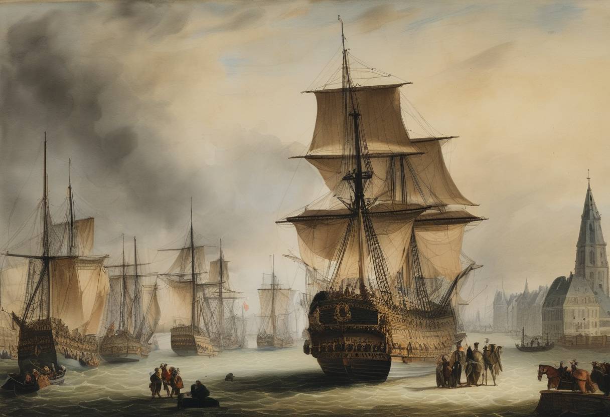 Watercolor painting based depiction of The Treaty of Nijmegen was signed between France and the Dutch Republic, marking the end of the Franco-Dutch War. This treaty expanded French territories and solidified the power of Louis XIV in Europe. (1678)