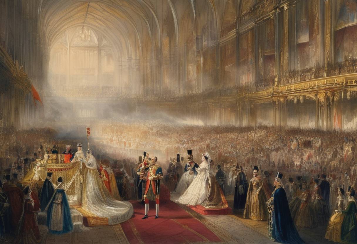 Watercolor painting based depiction of Coronation of the 15th British monarch, King Edward VII's mother, Queen Victoria, took place. (1841)