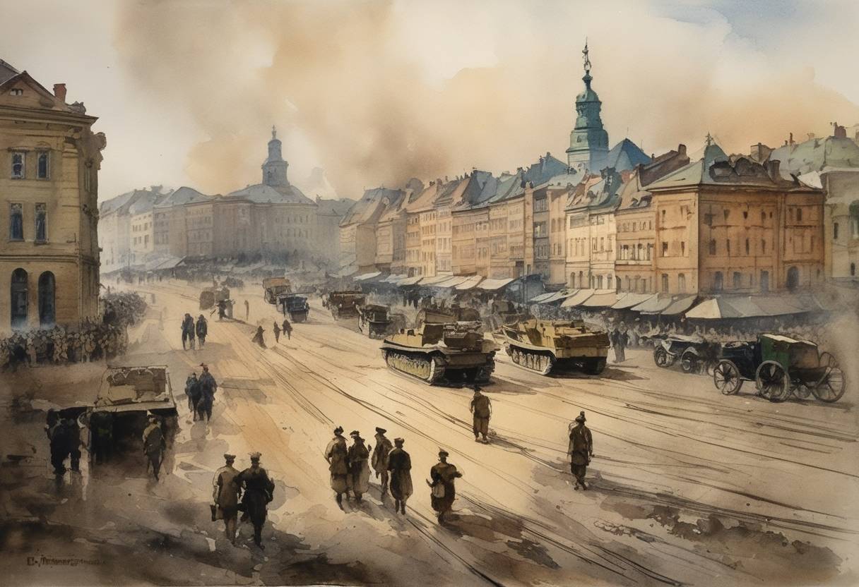 Watercolor painting based depiction of Warsaw is captured by German forces during World War I. (1915)