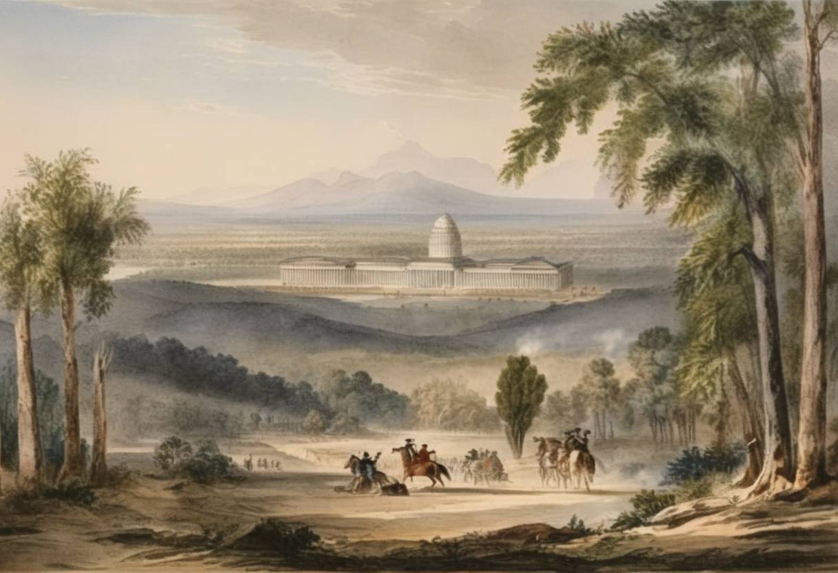 Watercolor painting based depiction of An important Treaty of Guadalupe Hidalgo was ratified by the United States Senate, effectively ending the Mexican-American War. The treaty included significant territorial gains for the United States, adding territories that would eventually become California, New Mexico, Arizona, and parts of Colorado, Nevada, and Utah. (1848)